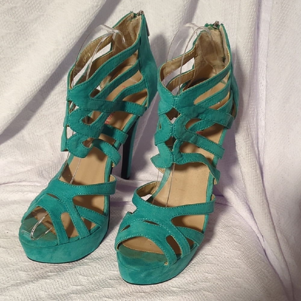 JustFab Green Strappy Heels with Suede Finish